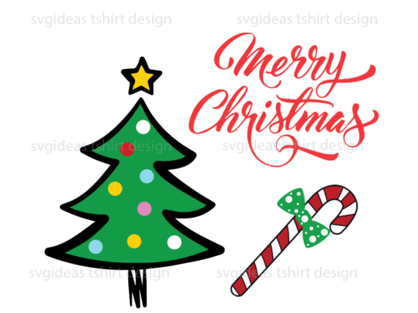 Merry christmas, christmas tree with stars and candy cane silhouette sublimation files t shirt designs for sale