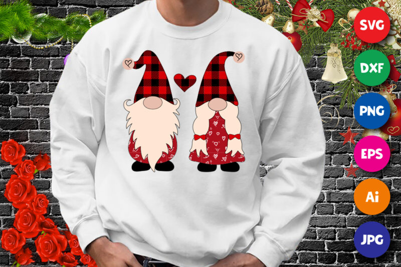 Valentine Gnome, plaid hat, plaid heart, valentine pattern, valentine gnome shirt print template