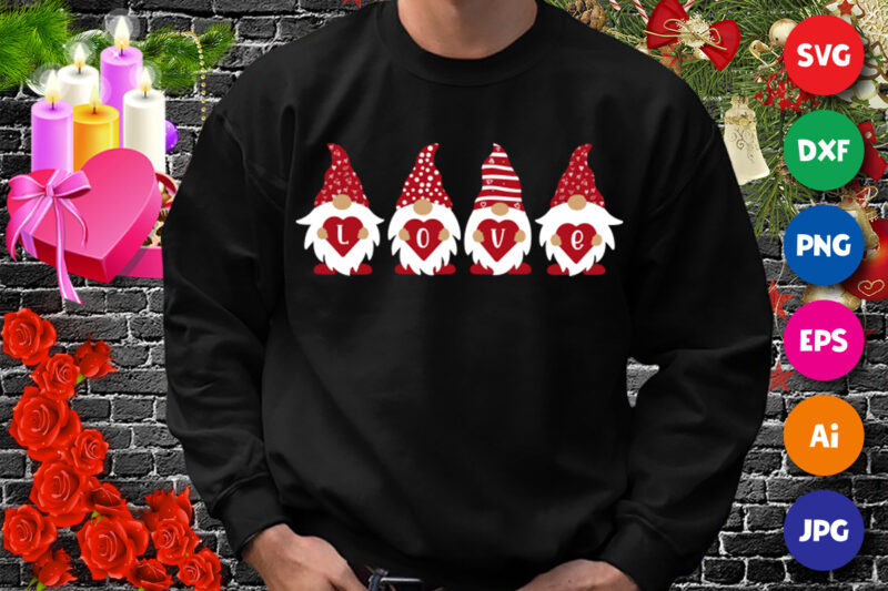 gnomes, valentine gnome, love gnome, love shirt, valentine pattern gnome hat shirt print template
