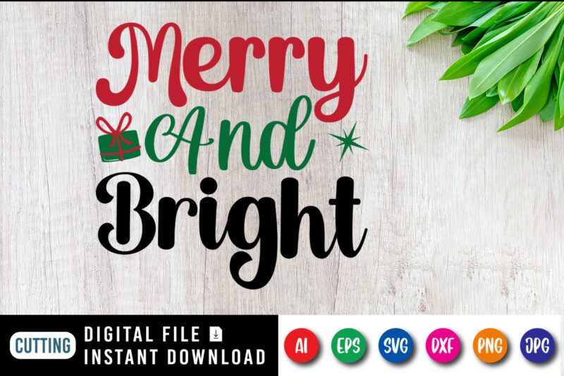 Merry and bright t-shirt, Christmas shirt, bright shirt, Christmas gift box shirt print template