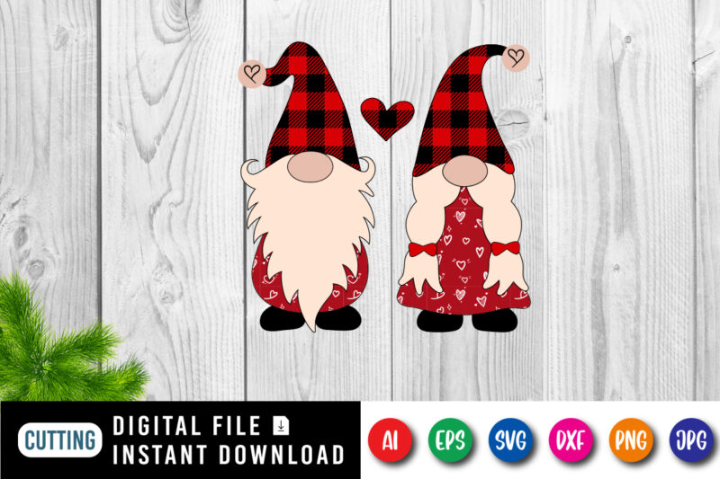 Valentine Gnome, plaid hat, plaid heart, valentine pattern, valentine gnome shirt print template
