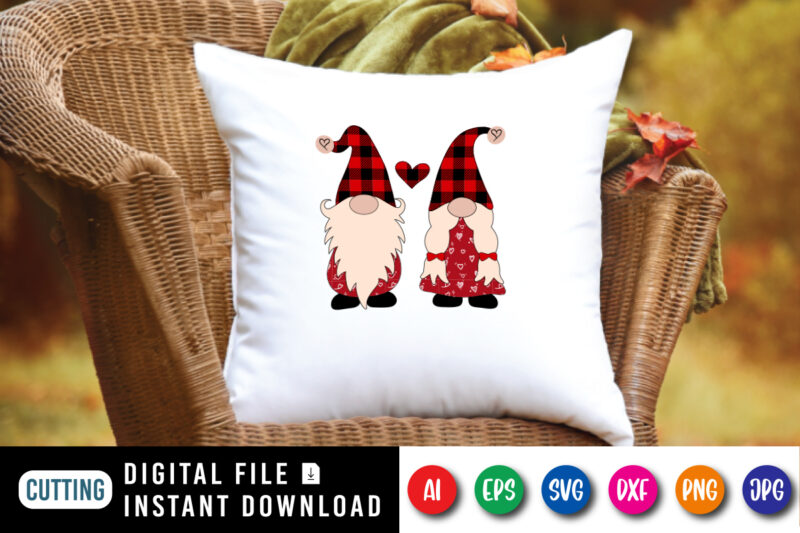 Valentine Gnome, plaid hat, plaid heart, valentine pattern, valentine gnome shirt print template