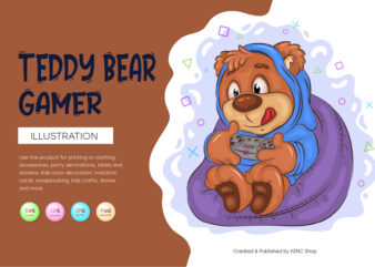 Cartoon Teddy Bear Gamer. T-Shirt, PNG, SVG.