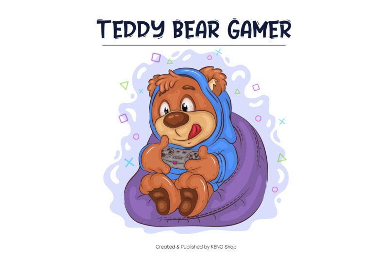 Cartoon Teddy Bear Gamer. T-Shirt, PNG, SVG.