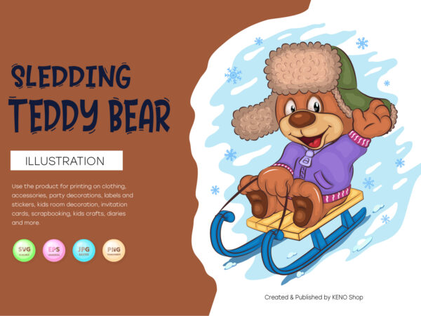 Cartoon teddy bear sledding. t-shirt, png, svg.