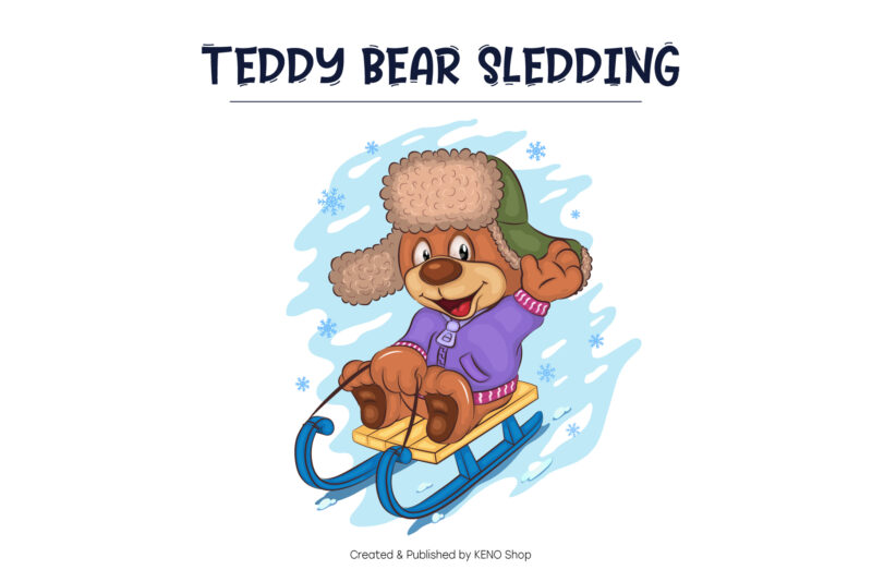 Cartoon Teddy Bear Sledding. T-Shirt, PNG, SVG.
