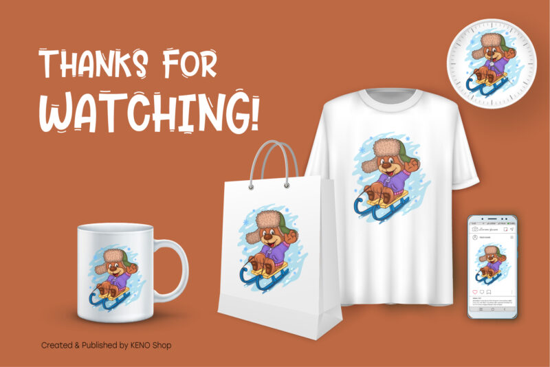 Cartoon Teddy Bear Sledding. T-Shirt, PNG, SVG.