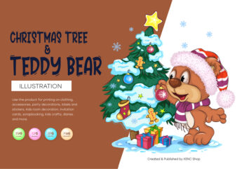 Cartoon Teddy Bear and Christmas tree.