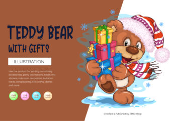 Cartoon Teddy Bear with Gifts. T-Shirt, PNG, SVG.