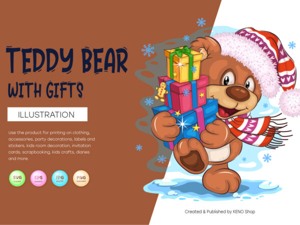 Cartoon teddy bear with gifts. t-shirt, png, svg.