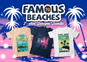 Famous Beaches T-shirt Designs Bundle, Beach Graphic T-shirt Design, Surfing Paradise, Famous Beaches of the World, Beach Graphic tees, California, Miami, Navagio Greece, Hawaii, Bali, Maldives, Caribbean Ocean, Rio De