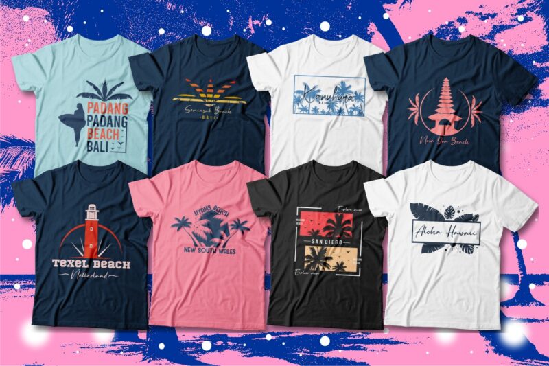 Famous Beaches T-shirt Designs Bundle, Beach Graphic T-shirt Design, Surfing Paradise, Famous Beaches of the World, Beach Graphic tees, California, Miami, Navagio Greece, Hawaii, Bali, Maldives, Caribbean Ocean, Rio De