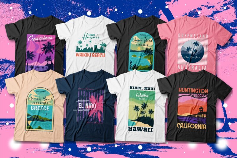 Famous Beaches T-shirt Designs Bundle, Beach Graphic T-shirt Design, Surfing Paradise, Famous Beaches of the World, Beach Graphic tees, California, Miami, Navagio Greece, Hawaii, Bali, Maldives, Caribbean Ocean, Rio De Janeiro, and More