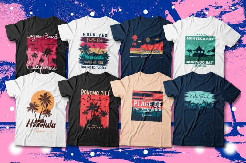 Famous Beaches T-shirt Designs Bundle, Beach Graphic T-shirt Design, Surfing Paradise, Famous Beaches of the World, Beach Graphic tees, California, Miami, Navagio Greece, Hawaii, Bali, Maldives, Caribbean Ocean, Rio De