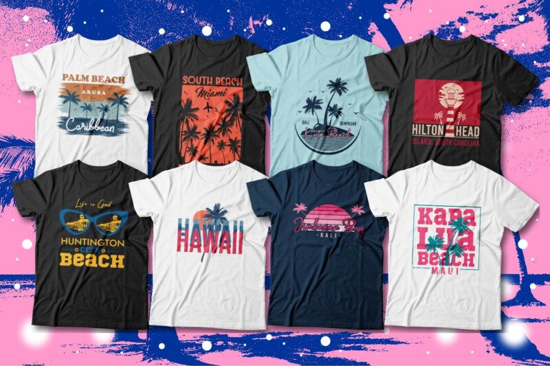 Famous Beaches T-shirt Designs Bundle, Beach Graphic T-shirt Design, Surfing Paradise, Famous Beaches of the World, Beach Graphic tees, California, Miami, Navagio Greece, Hawaii, Bali, Maldives, Caribbean Ocean, Rio De Janeiro, and More