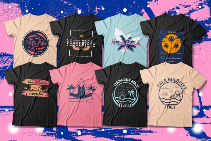 Famous Beaches T-shirt Designs Bundle, Beach Graphic T-shirt Design, Surfing Paradise, Famous Beaches of the World, Beach Graphic tees, California, Miami, Navagio Greece, Hawaii, Bali, Maldives, Caribbean Ocean, Rio De Janeiro, and More