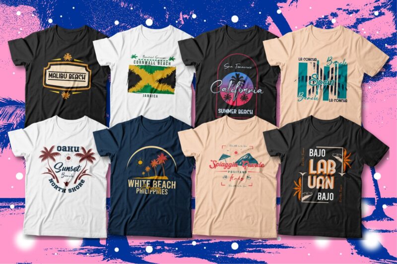 t-shirt vector Famous Beaches T-shirt Designs Bundle, Beach Graphic T-shirt Design, Surfing Paradise, Famous Beaches of the World, Beach Graphic tees, California, Miami, Navagio Greece, Hawaii, Bali, Maldives, Caribbean Ocean, Rio De Janeiro, and More
