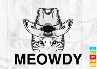 Meowdy Texas Cat Meme editable vector t-shirt design in ai eps dxf png and btc cryptocurrency svg files for cricut