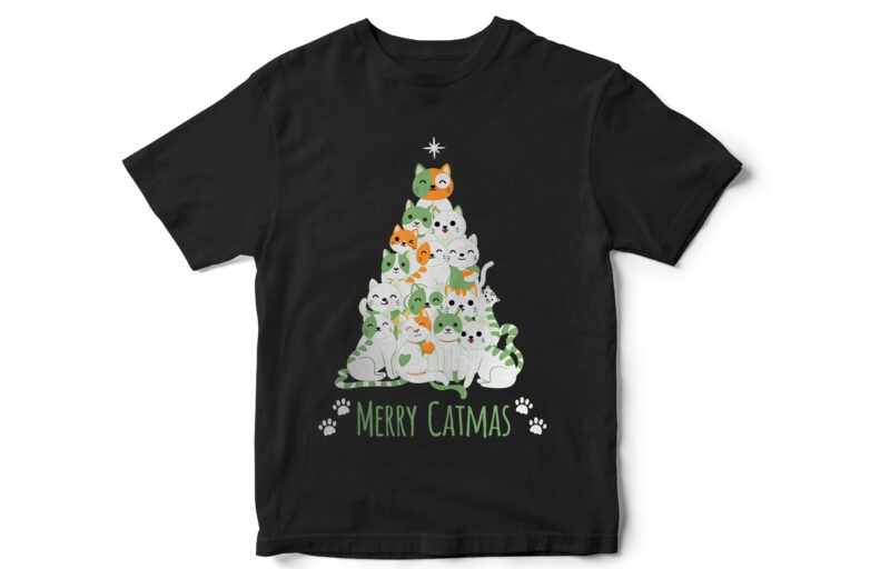 Christmas T-Shirt Design, Cute Cat, Cat Vector, Xmas, Cute T-Shirt Design