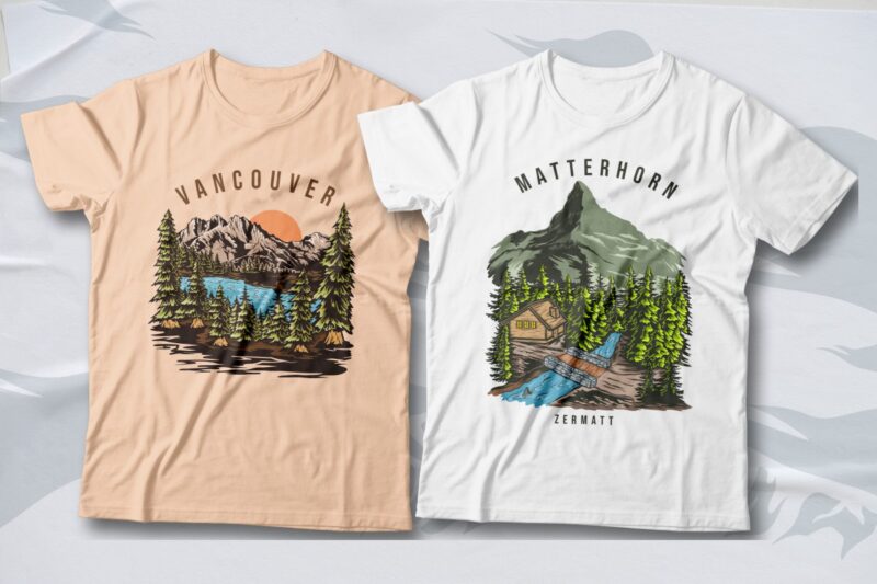 Nature Illustration T-shirt Designs Bundle, Mountains Illustration T-shirt Designs, Outdoor T-shirt Designs, Hike and Camping T-shirt Designs