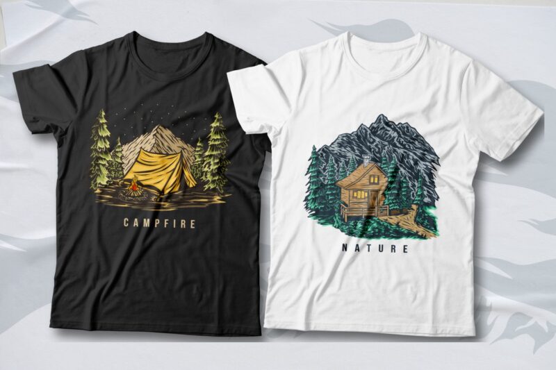 Nature Illustration T-shirt Designs Bundle, Mountains Illustration T-shirt Designs, Outdoor T-shirt Designs, Hike and Camping T-shirt Designs