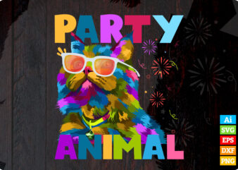 Party Animal with Party Cat Wear Glass editable vector t-shirt design in ai eps dxf png and btc cryptocurrency svg files for cricut