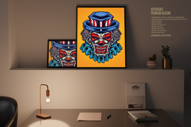 Spooky Clown With American Flag Hat Illustrations