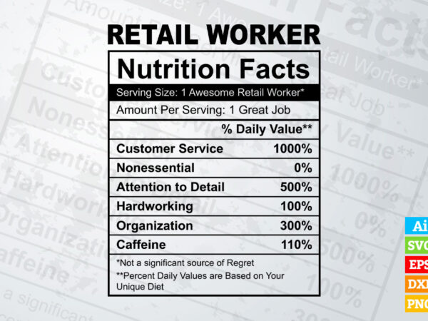 sunlight scared Cook a meal Retail Worker funny nutrition facts editable vector t-shirt design in ai svg png printable files, Retail Worker nutritional svg files for cricut - Buy t-shirt designs sunlight scared Cook a meal Retail Worker funny nutrition facts editable vector t-shirt design in ai svg png printable files, Retail Worker nutritional svg files for cricut - Buy t-shirt designs