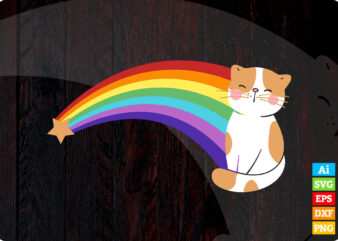 Cute Cat with Rainbow editable vector t-shirt design in ai eps dxf png and btc cryptocurrency svg files for cricut