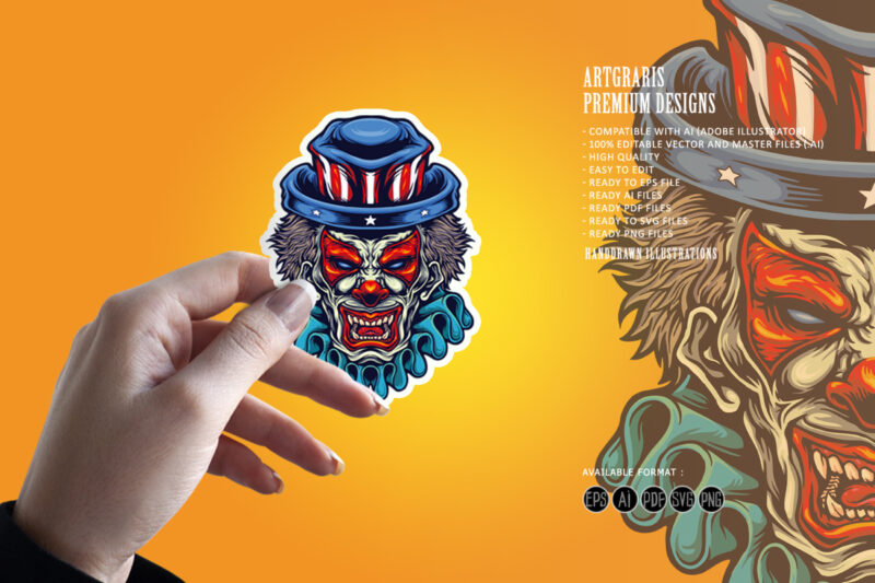 Spooky Clown With American Flag Hat Illustrations