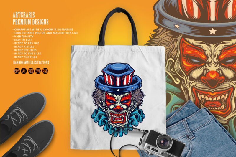 Spooky Clown With American Flag Hat Illustrations