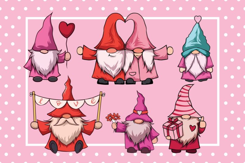 Valentine Gnomes Illustration Bundle, Valentine’s Day Gnome Cartoon Designs