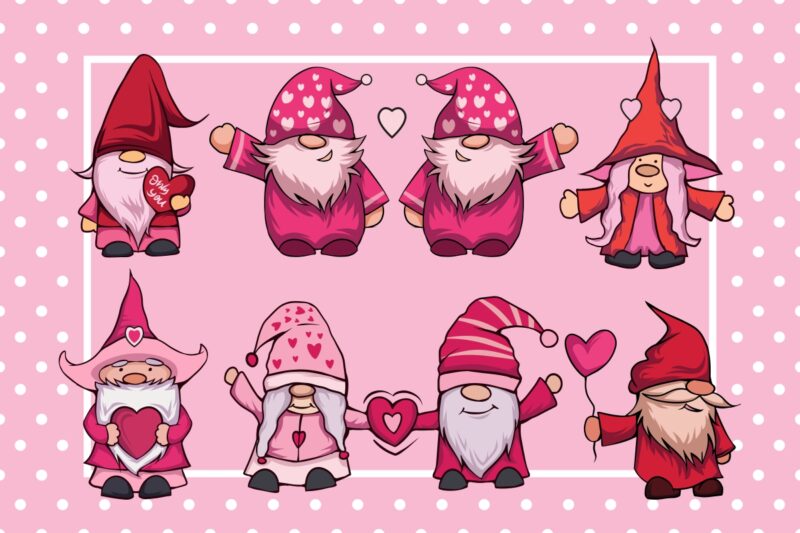 Valentine Gnomes Illustration Bundle, Valentine’s Day Gnome Cartoon Designs
