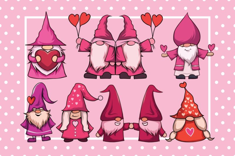 Valentine Gnomes Illustration Bundle, Valentine’s Day Gnome Cartoon Designs