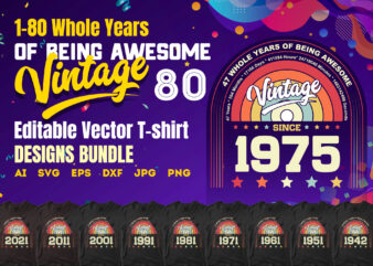 1 to 80 Whole years of being awesome birthday vintage Editable Vector T-shirt Designs Bundle in Ai Svg Png Files