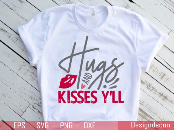 Hugs and kisses colorful romantic handwritten valentine quote minimalist t-shirt design template