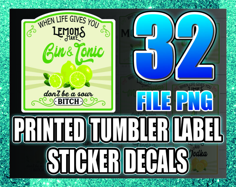 Bundle 32 PNG Printed Tumbler Label Sticker Decals, Mix & Match Graphics, Lemonade, White Waterslide, Clear Waterslide, Digital Download 1022413628