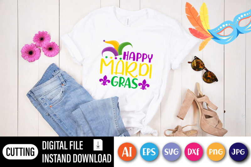 Happy Mardi Gras T shirt, Typography design for print, Mardi Gras illustration for shirt, iron, phone case, mug, wall art