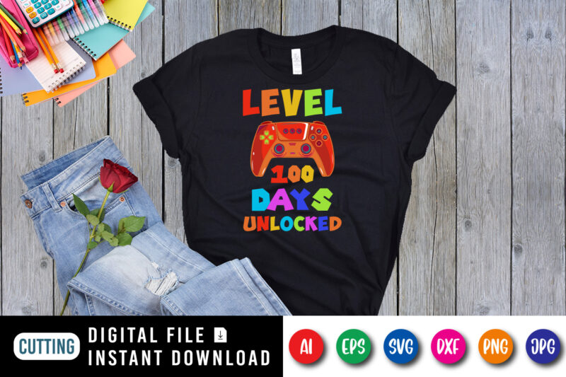 Level 100 days unlocked T shirt, 100 days of school shirt print template, Gamer joystick vector, Typography design with joystick illustration for back to school, 2nd grade