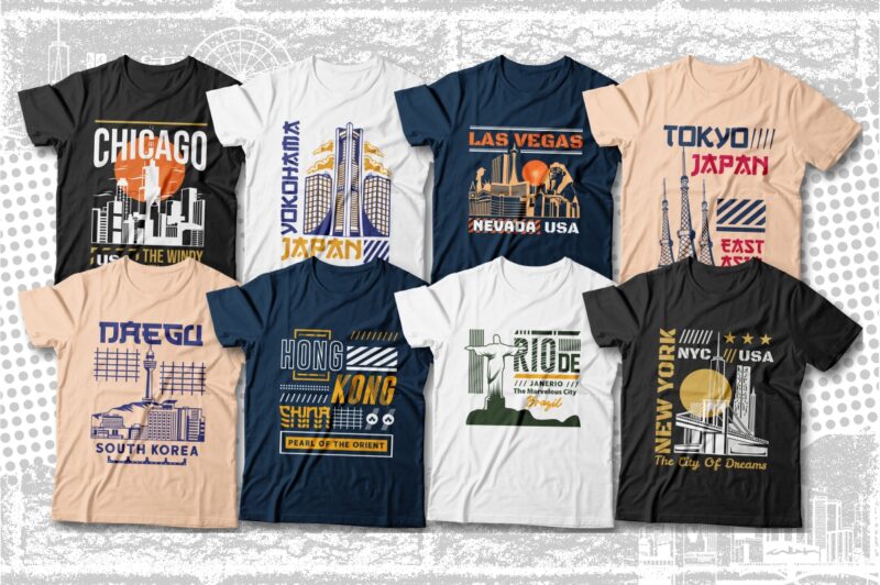 Famous Cities T-shirt Designs Bundle, Urban T-shirt Designs Bundle, City T-shirt Designs, Urban Series Design, New York, London, Tokyo, Paris, Berlin, Dubai, Roma, Amsterdam and More
