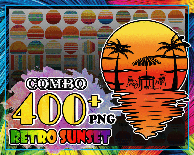 Combo 400+ Retro Sunset PNG Bundle, Vintage Retro Sunset, Sunset Clipart, Summer Svg, Tropical Beach Png, Beach Palm Tree,Sunset Sublimation CB1029735900