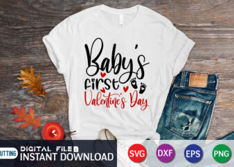 Baby’s First Valentine’s Day T Shirt, Happy Valentine Shirt print template, Heart sign vector, cute Heart vector, typography design for 14 February