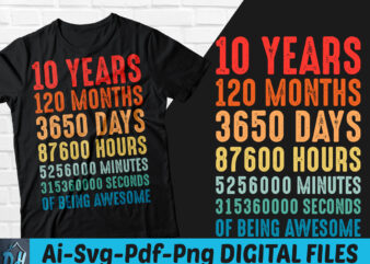 10 years of being awesome t-shirt design, 10 years of being awesome SVG, 10 Birthday vintage t shirt, 10 years 120 months of being awesome, Happy birthday tshirt, Funny Birthday