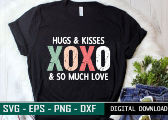 Hugs & Kisses XOXO & so much Love Valentine quote Typography colorful romantic SVG cut file for print on black T-shirt