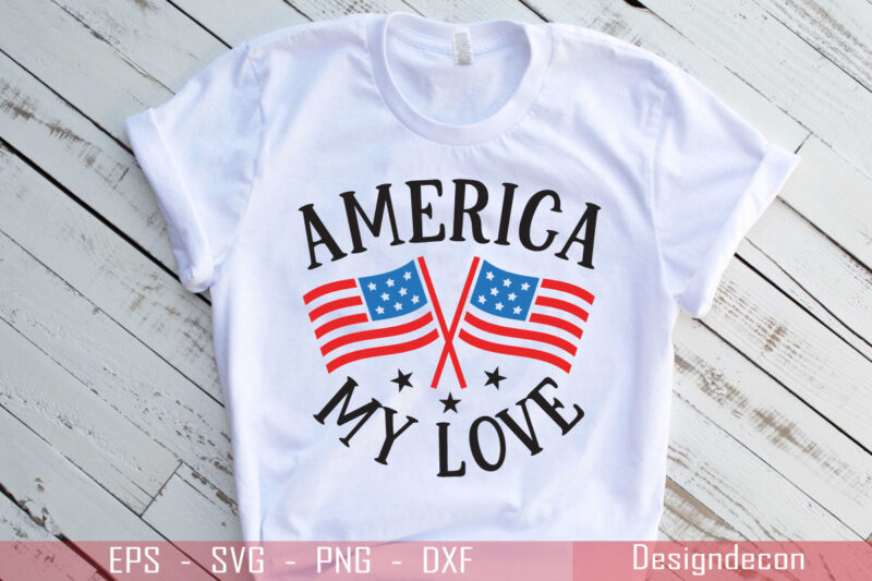 Standing official us flag icon with America my love typography for real lovers of USA T-shirt Design Template