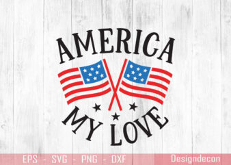 Standing official us flag icon with America my love typography for real lovers of USA T-shirt Design Template