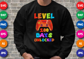 Level 100 days unlocked T shirt, 100 days of school shirt print template, Gamer joystick vector, Typography design with joystick illustration for back to school, 2nd grade