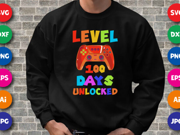 Level 100 days unlocked t shirt, 100 days of school shirt print template, gamer joystick vector, typography design with joystick illustration for back to school, 2nd grade