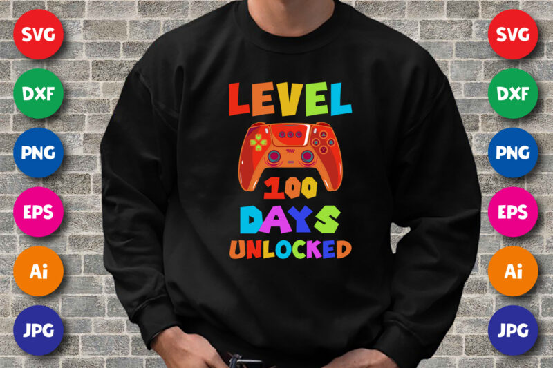 Level 100 days unlocked T shirt, 100 days of school shirt print template, Gamer joystick vector, Typography design with joystick illustration for back to school, 2nd grade