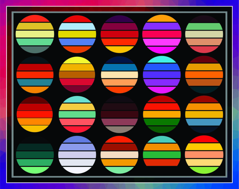 33 Files Retro Colored Circle Sunsets Clipart, Circle Round Background Vintage Color Palettes Commercial License Print On Demand 988658536